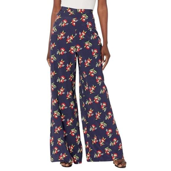 Jill Jill Stuart Navy High Rise Floral Wide Leg Flat Front Pants Size Medium - Picture 1 of 11